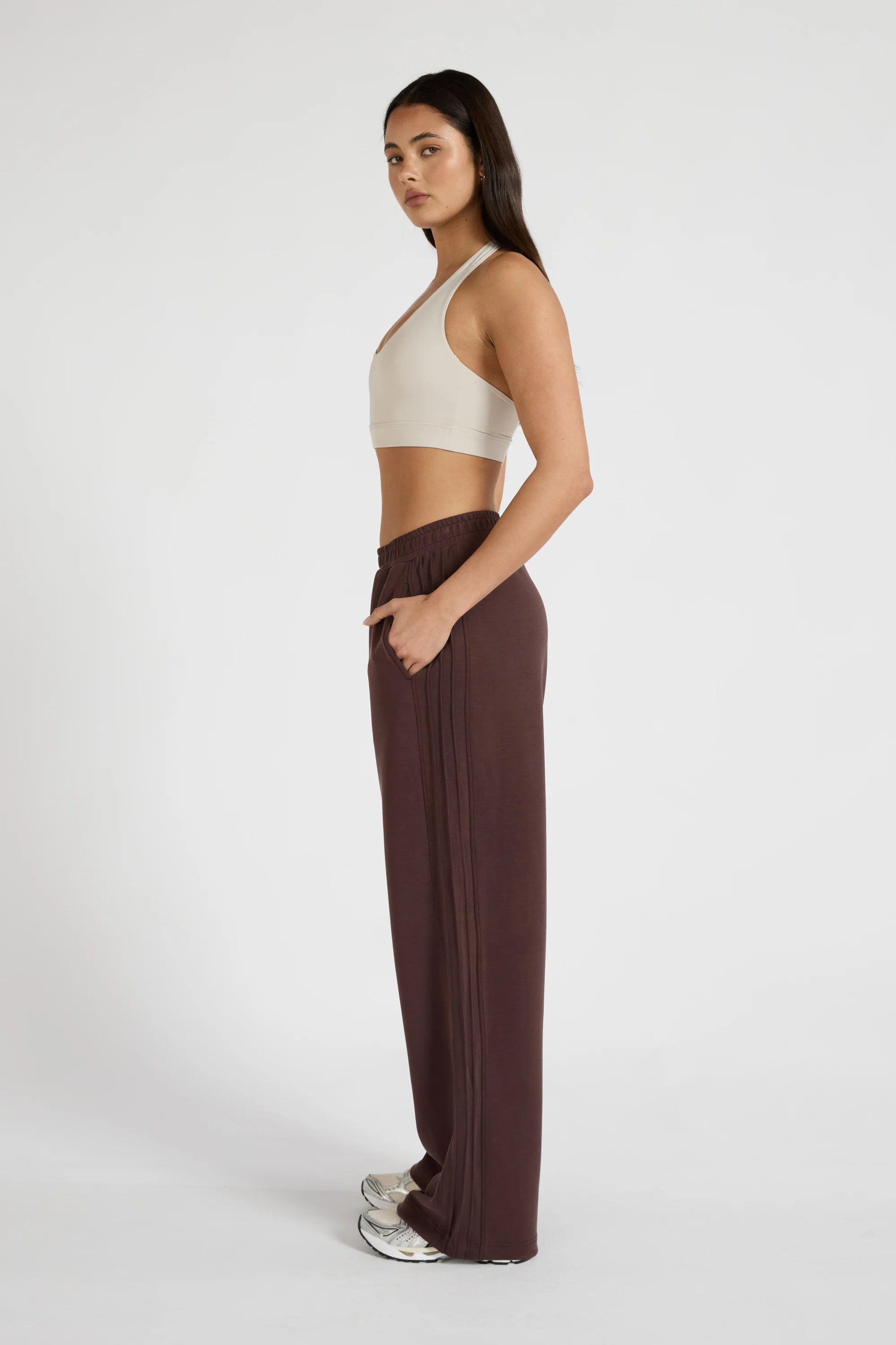Soft Luxury Pin Tuck Wide Leg Track Pant - Espresso