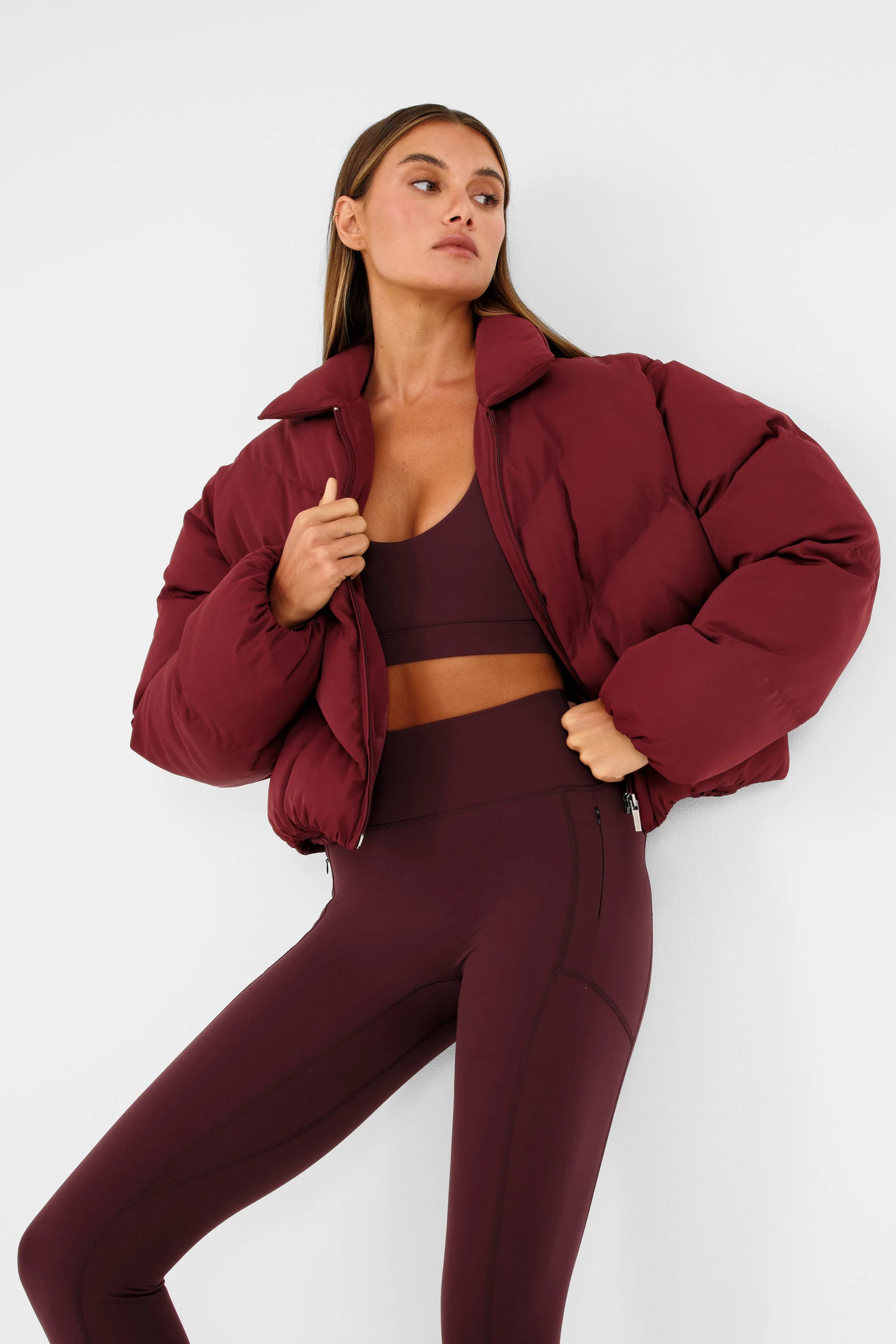 ALLFENIX Cropped Puffer Jacket - Burgundy