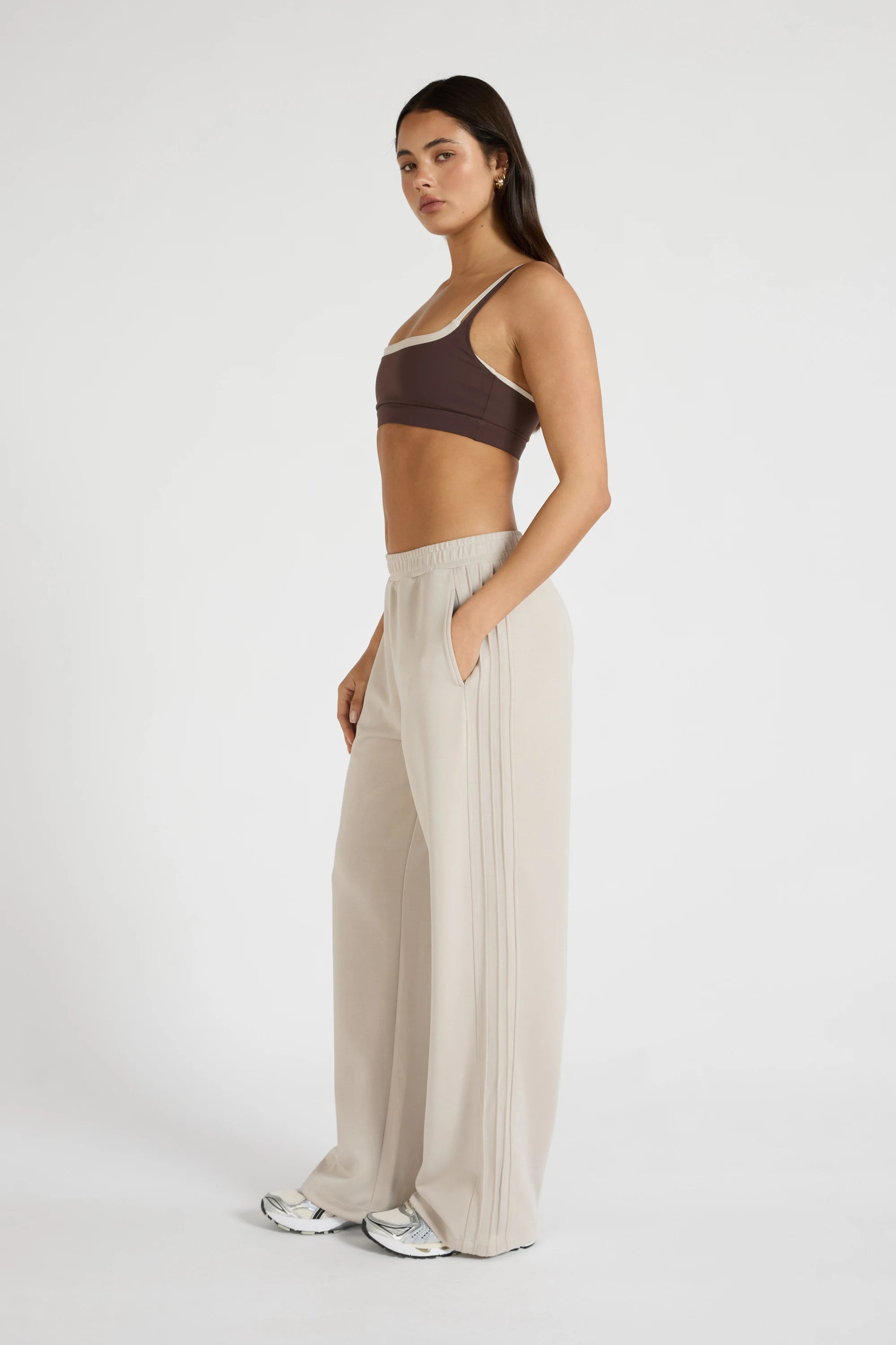 ALLFENIX Soft Luxury Pin Tuck Wide Leg Track Pant - Stone